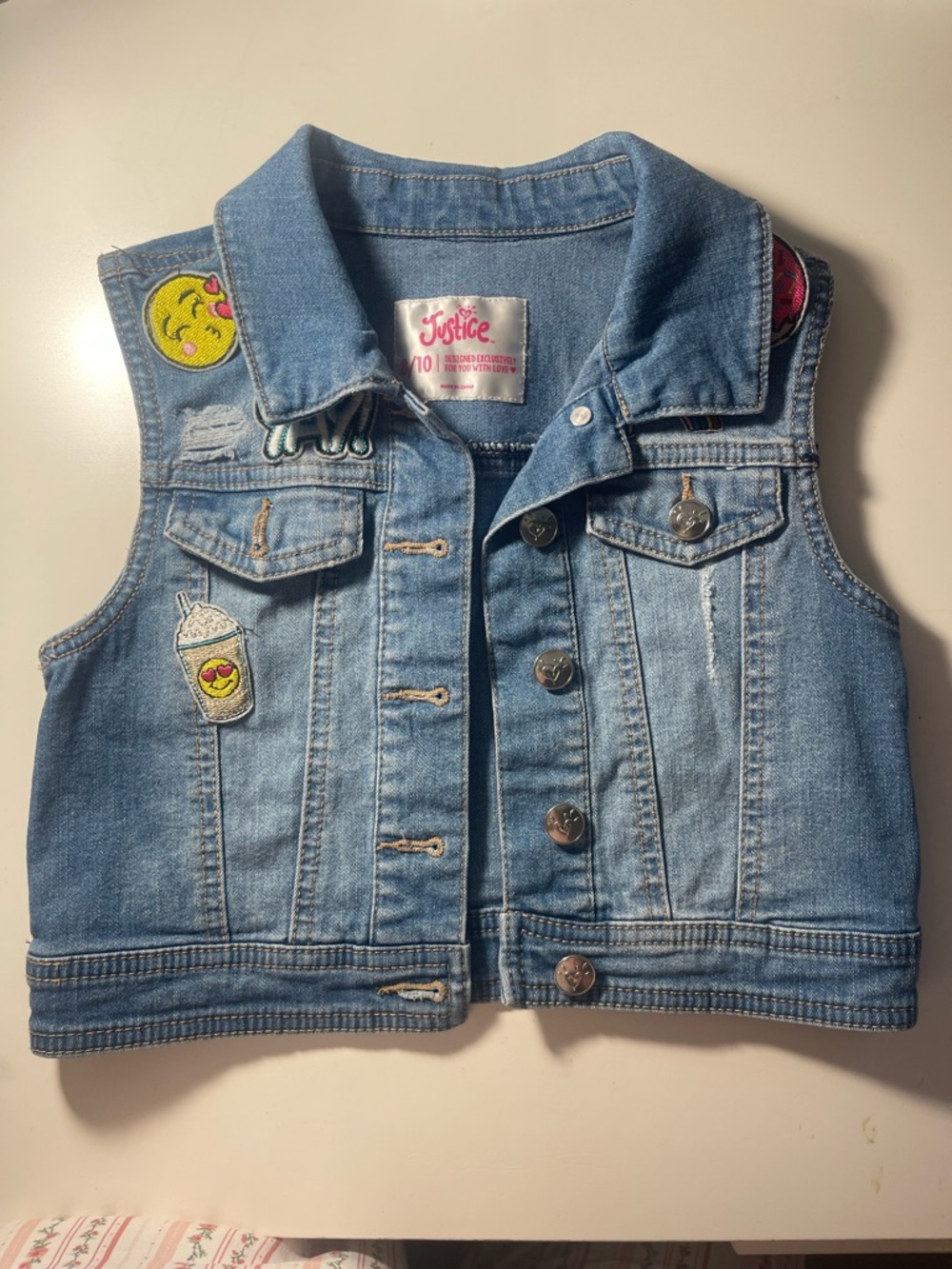 Justice Light Blue Denim Vest with Colorful Patch Accents